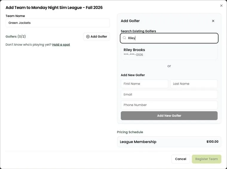 Search for an existing golfer while adding a team