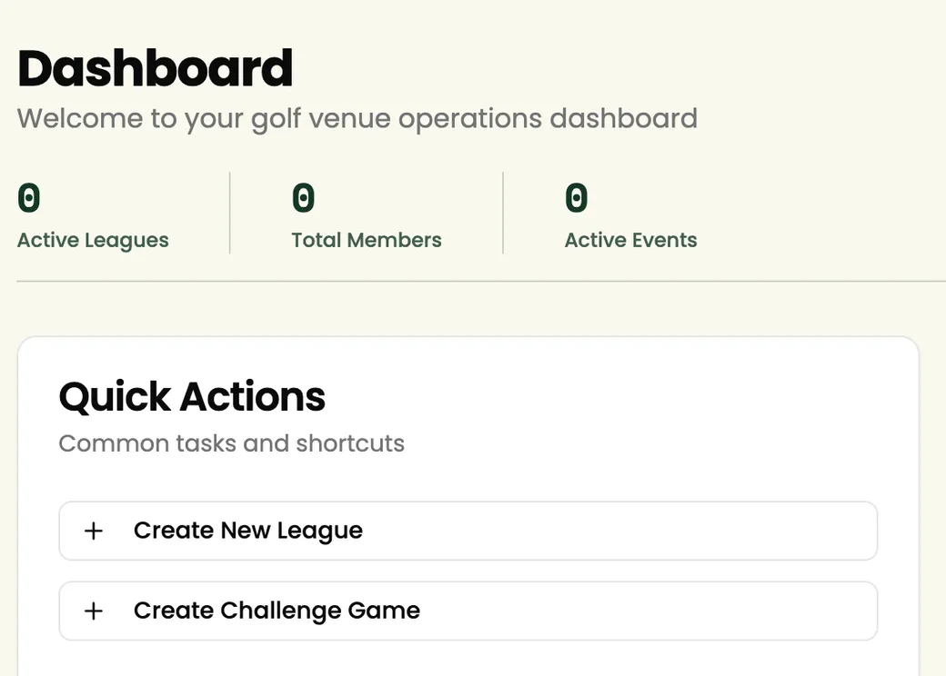 The Dashboard: counts of active leagues, members and events, and Quick Actions