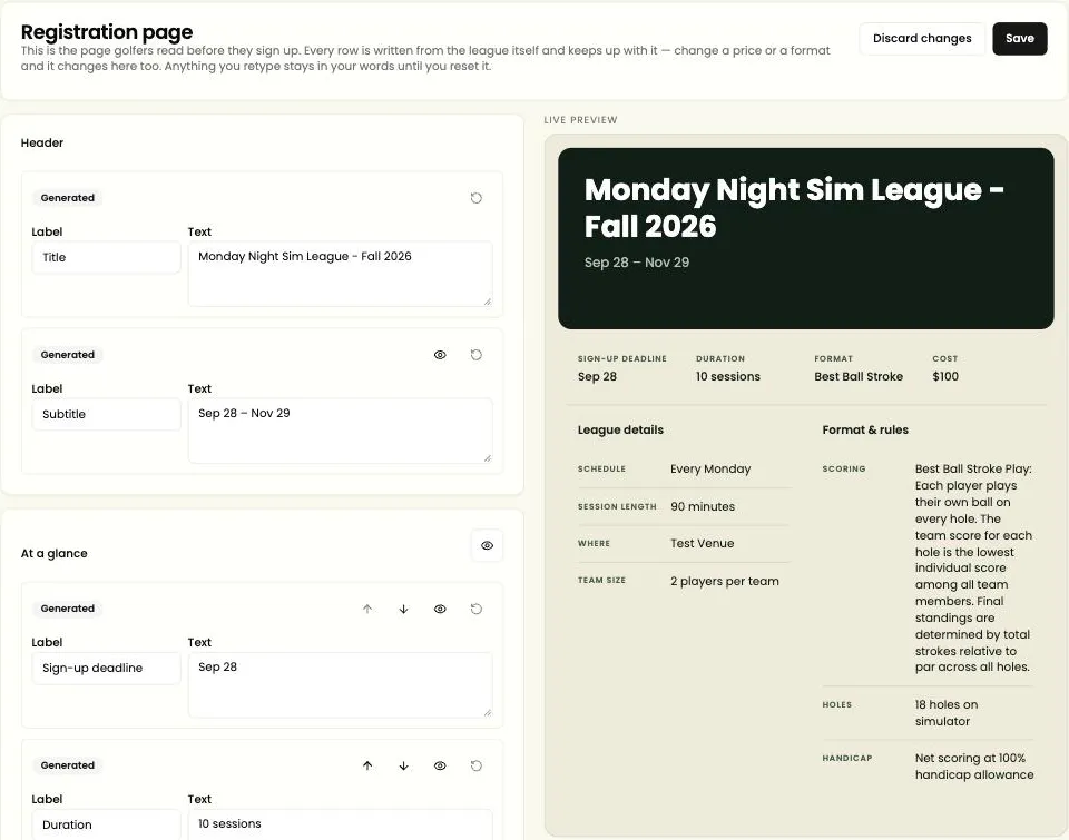 The registration page editor on the left, with a live preview on the right