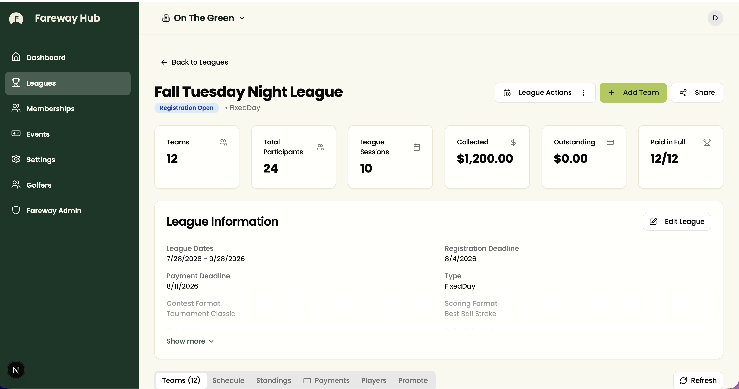 Fareway Hub — league dashboard with teams, sessions, and collections